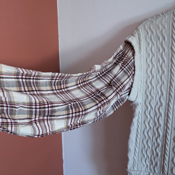 Plaid Sleeve Layered Mock Neck Top - Picture 3 of 8